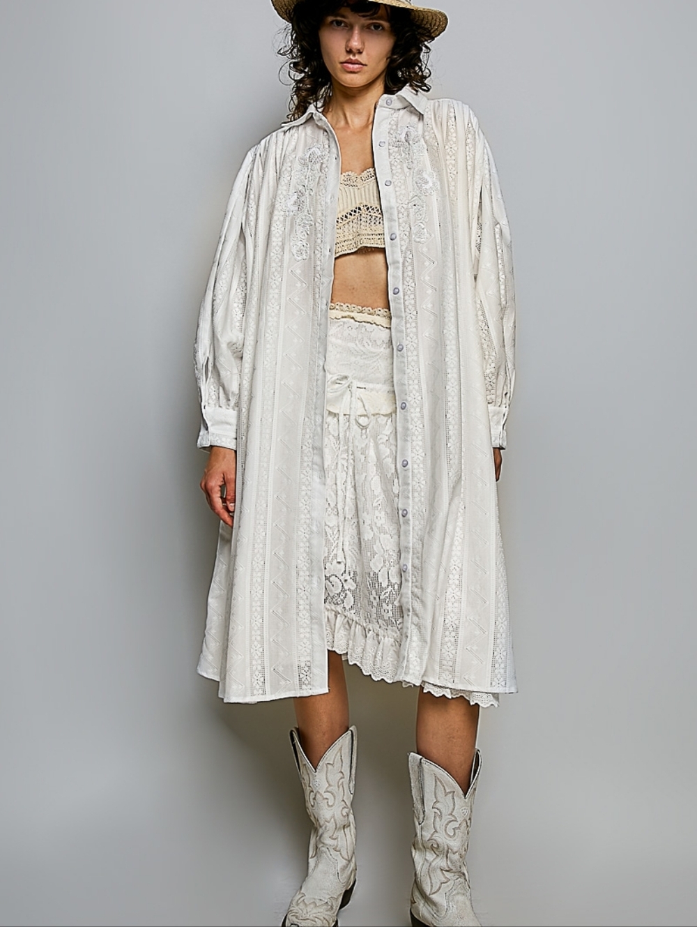POL Ivory Embroidered Midi Dress with Puff Sleeves - Picture 2 of 6